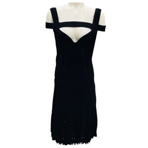 ALEXANDER MCQUEEN BLACK COLD SHOULDER PLEATED KNIT MIDI COCKTAIL DRESS